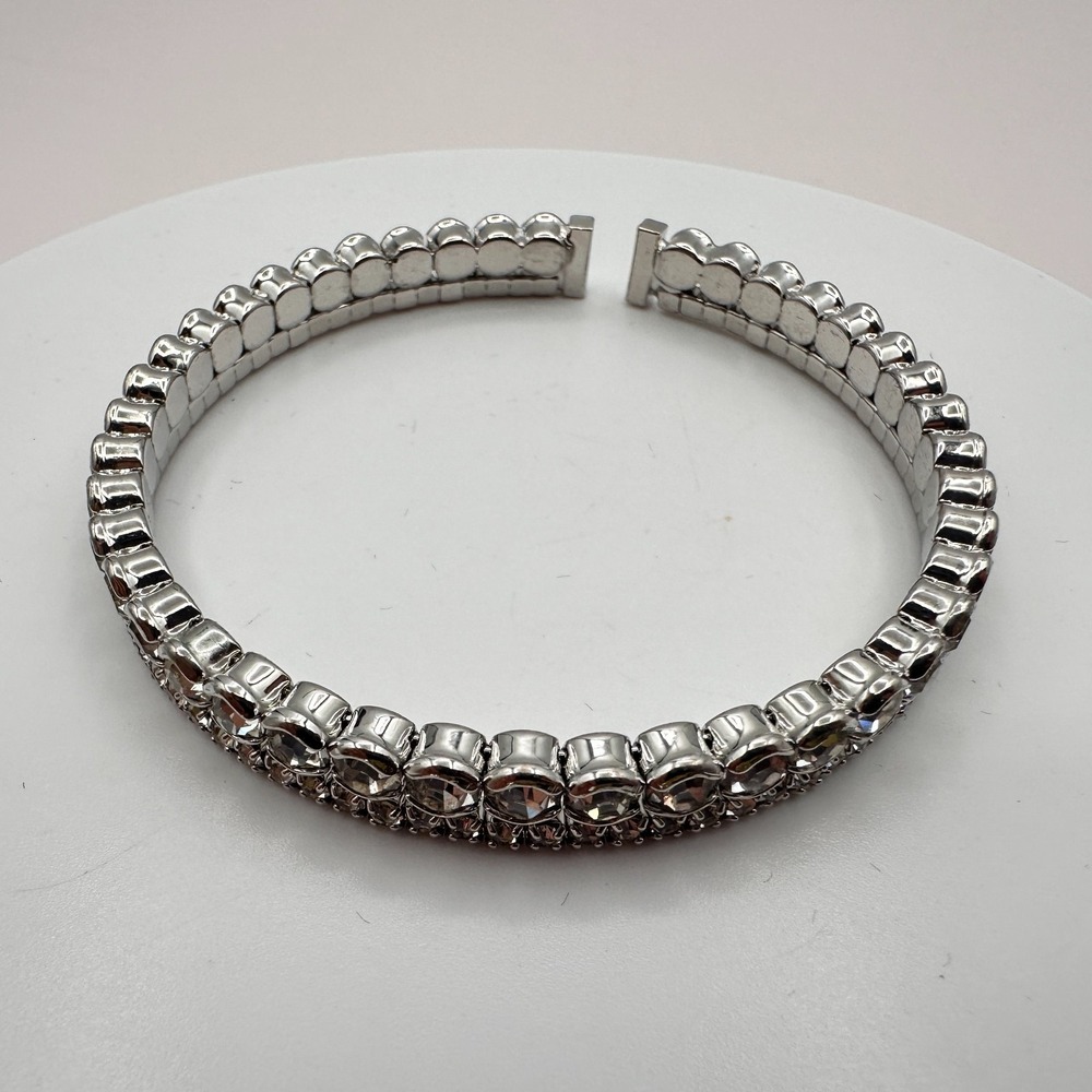Vintage 90s Silver Tone Double Row Rhinestone Cuff Bracelet Boho Jewelry
